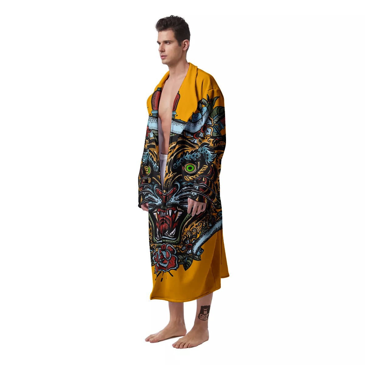 Tiger Head Tattoo Print Men's Robe-grizzshop