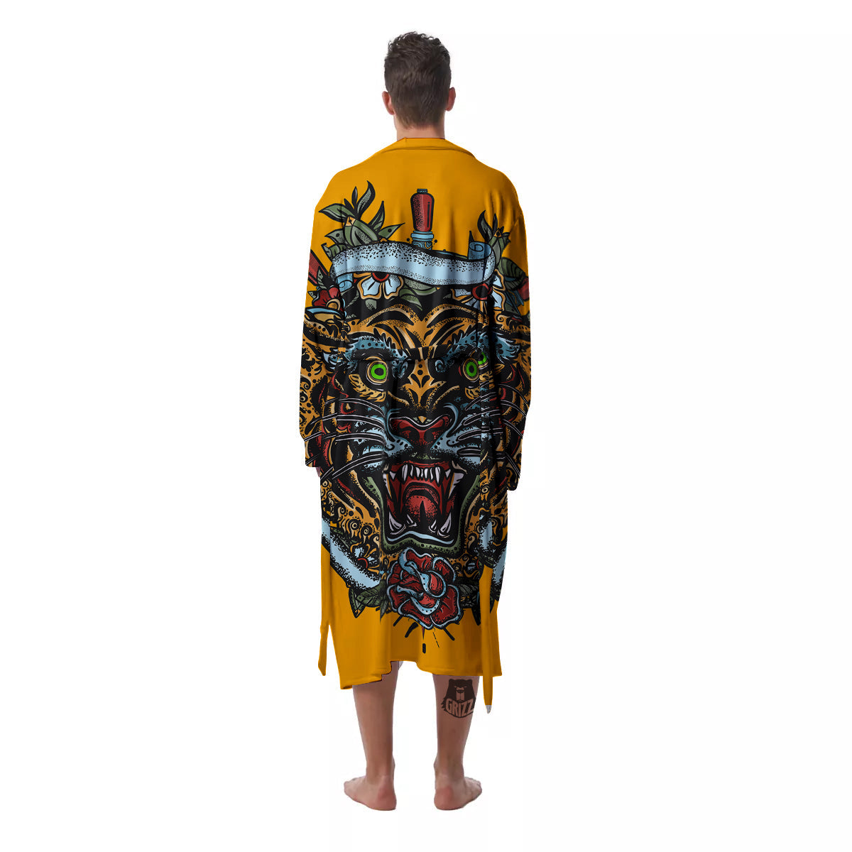 Tiger Head Tattoo Print Men's Robe-grizzshop