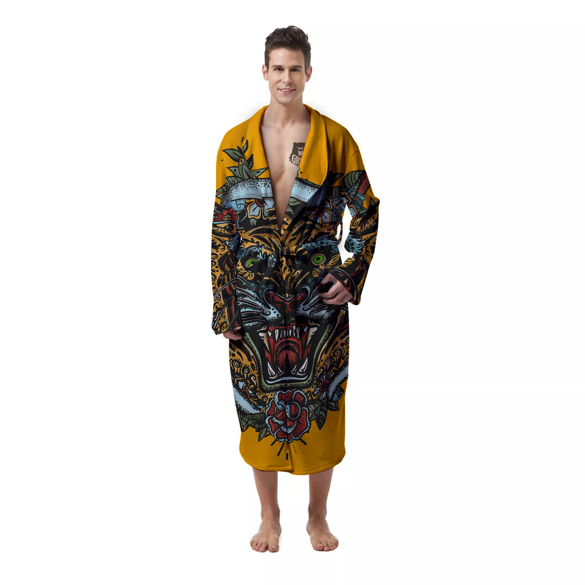 Tiger Head Tattoo Print Men's Robe-grizzshop