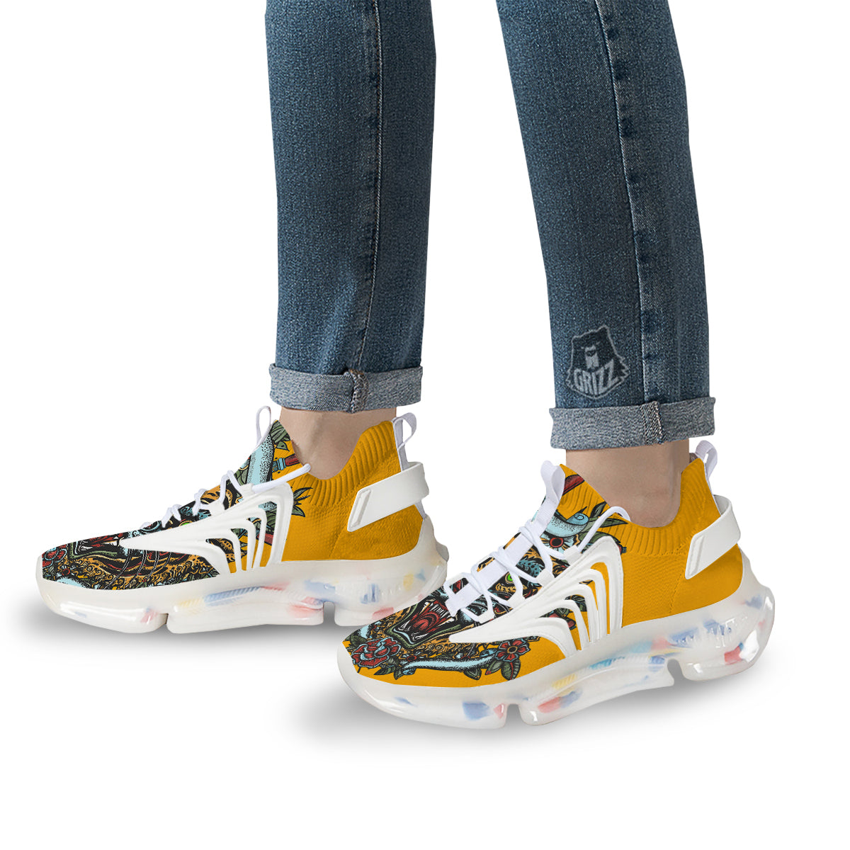 Tiger Head Tattoo Print White Gym Shoes-grizzshop