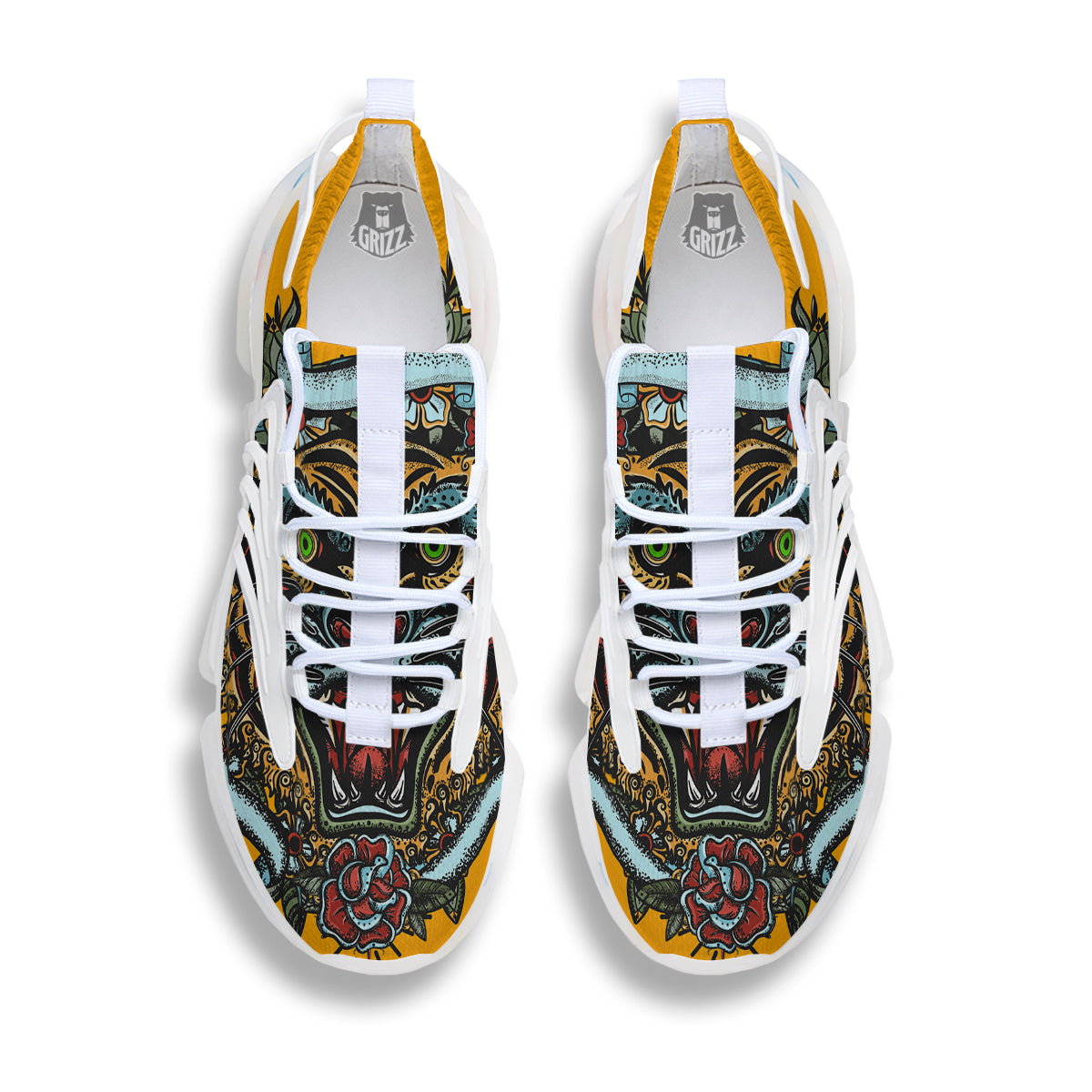 Tiger Head Tattoo Print White Gym Shoes-grizzshop