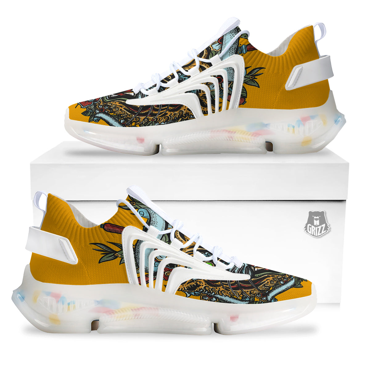 Tiger Head Tattoo Print White Gym Shoes-grizzshop