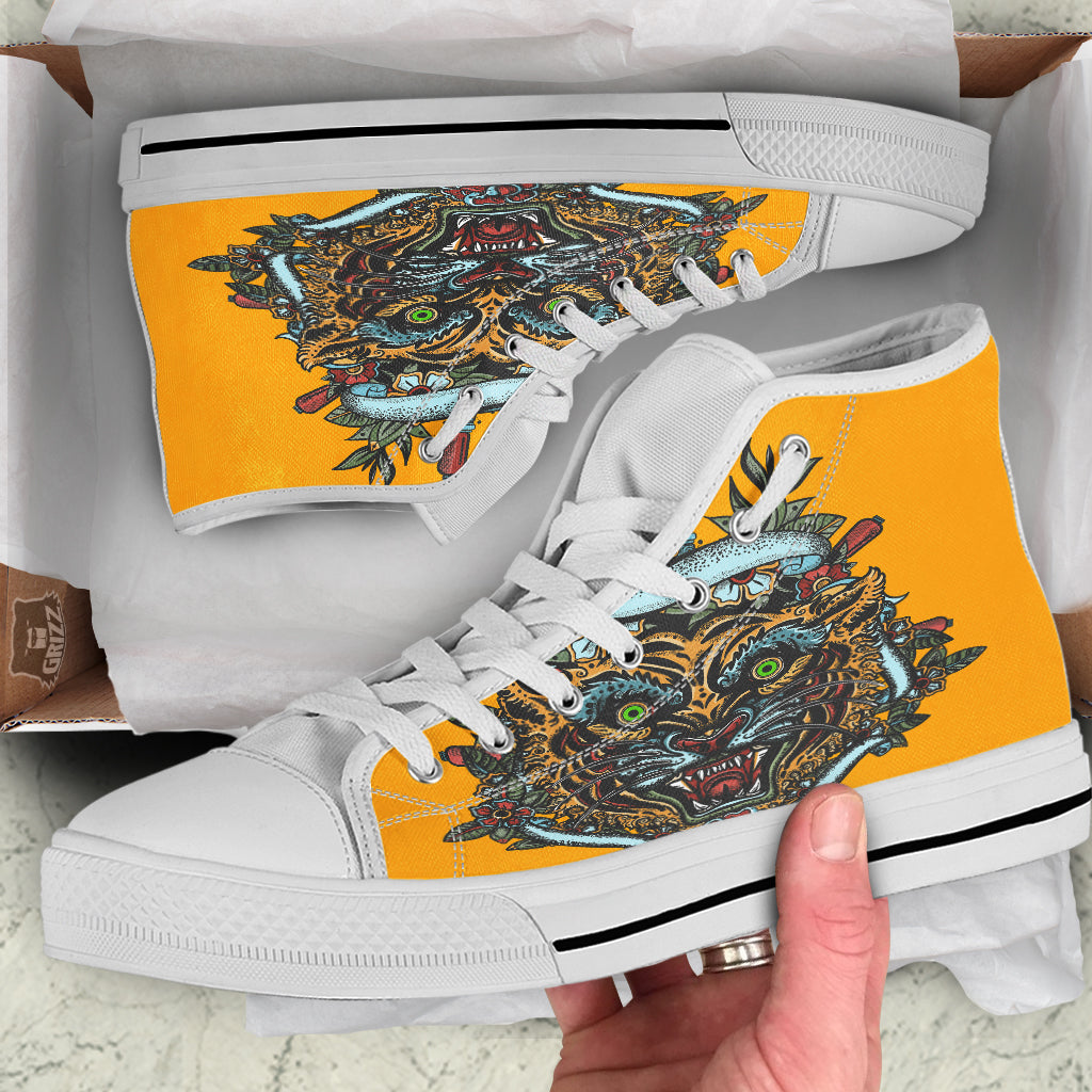 Tiger Head Tattoo Print White High Top Shoes-grizzshop
