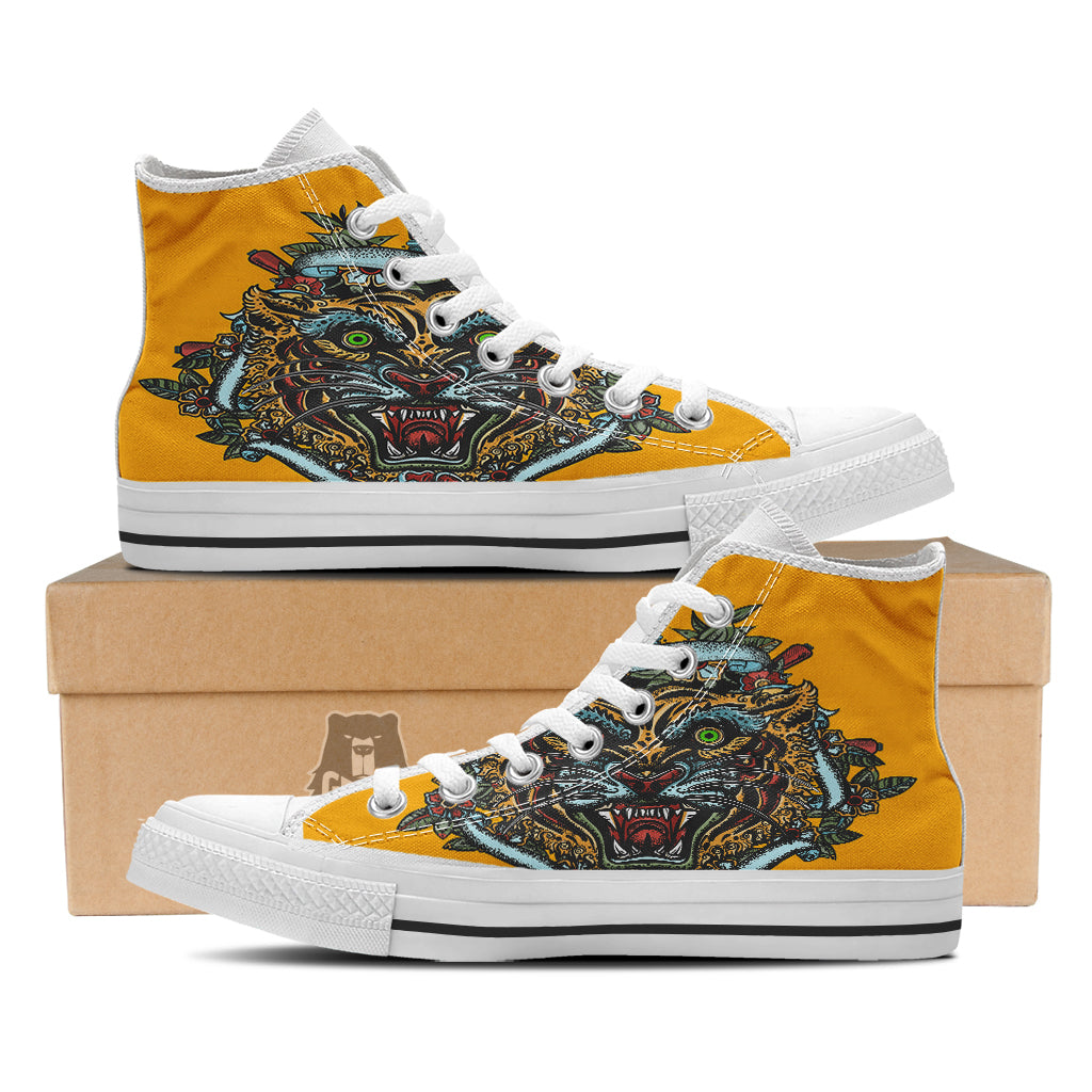 Tiger Head Tattoo Print White High Top Shoes-grizzshop