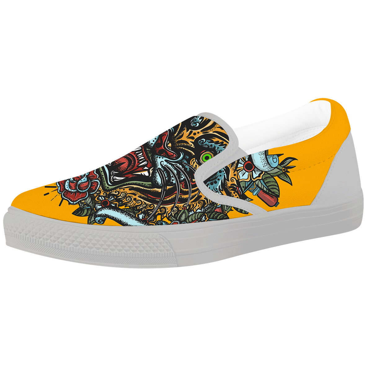 Tiger Head Tattoo Print White Slip On Shoes-grizzshop
