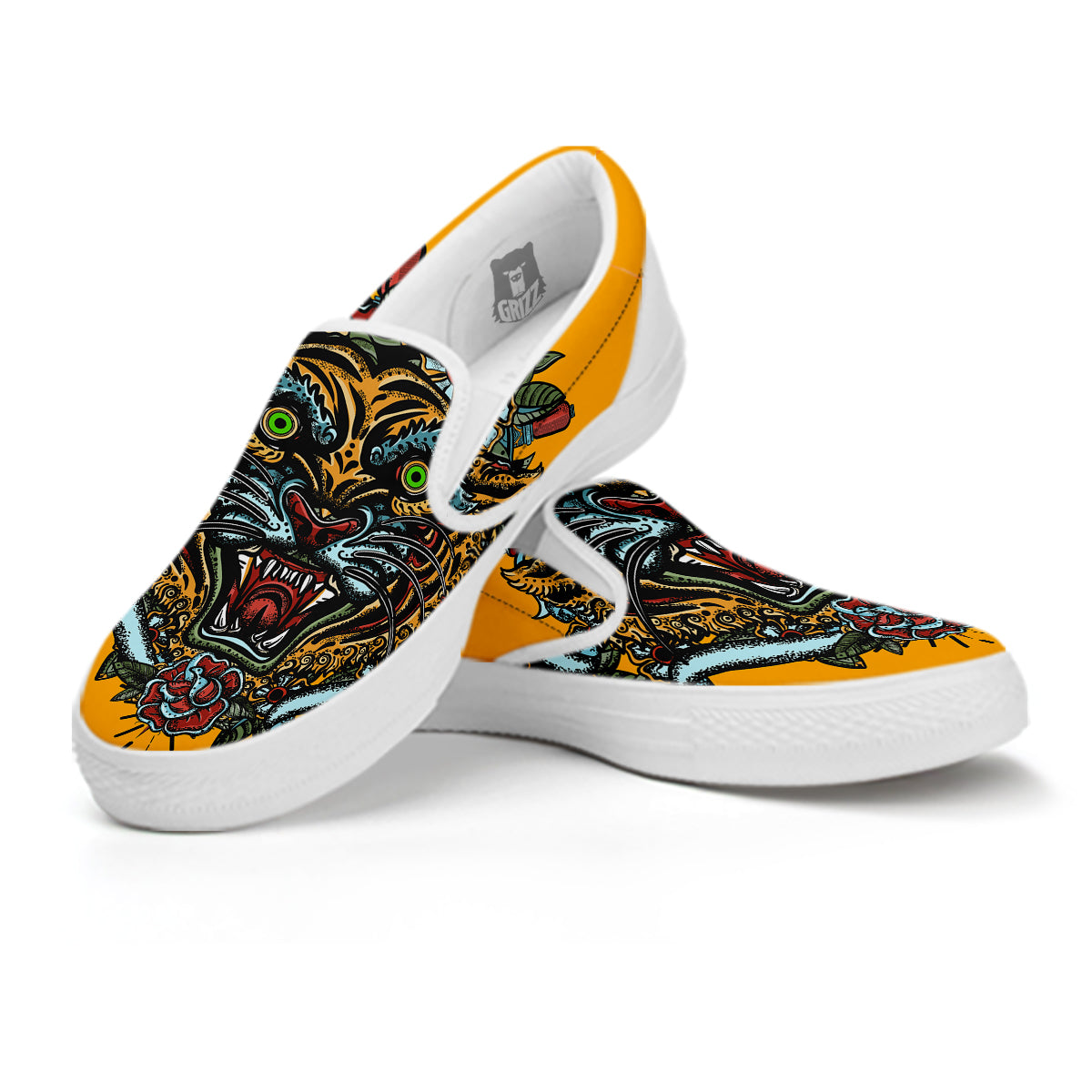 Tiger Head Tattoo Print White Slip On Shoes-grizzshop