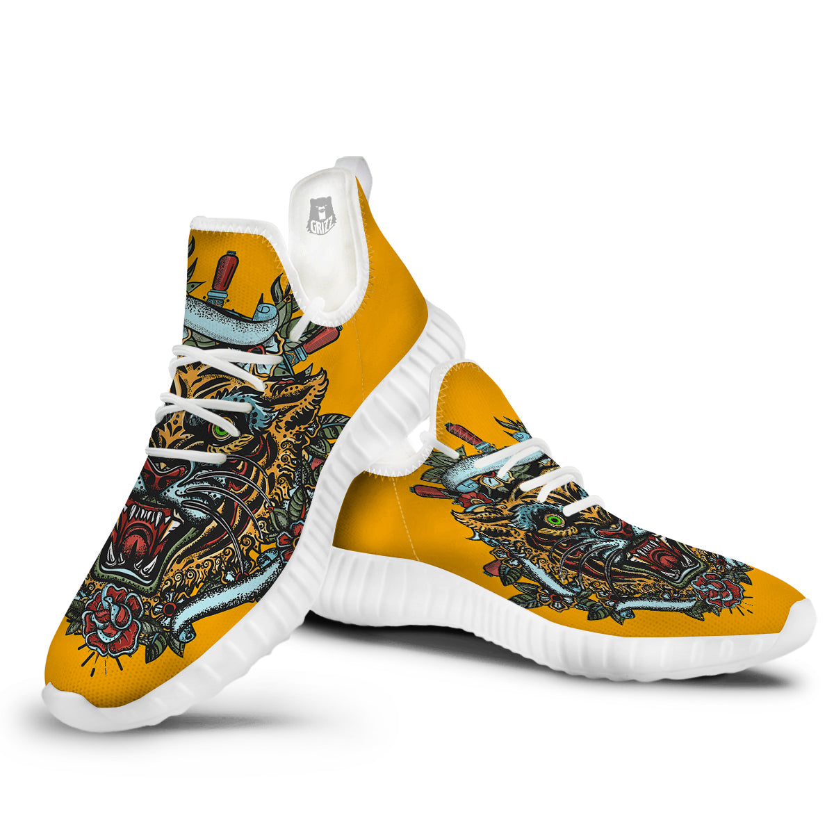 Tiger Head Tattoo Print White Walking Shoes-grizzshop