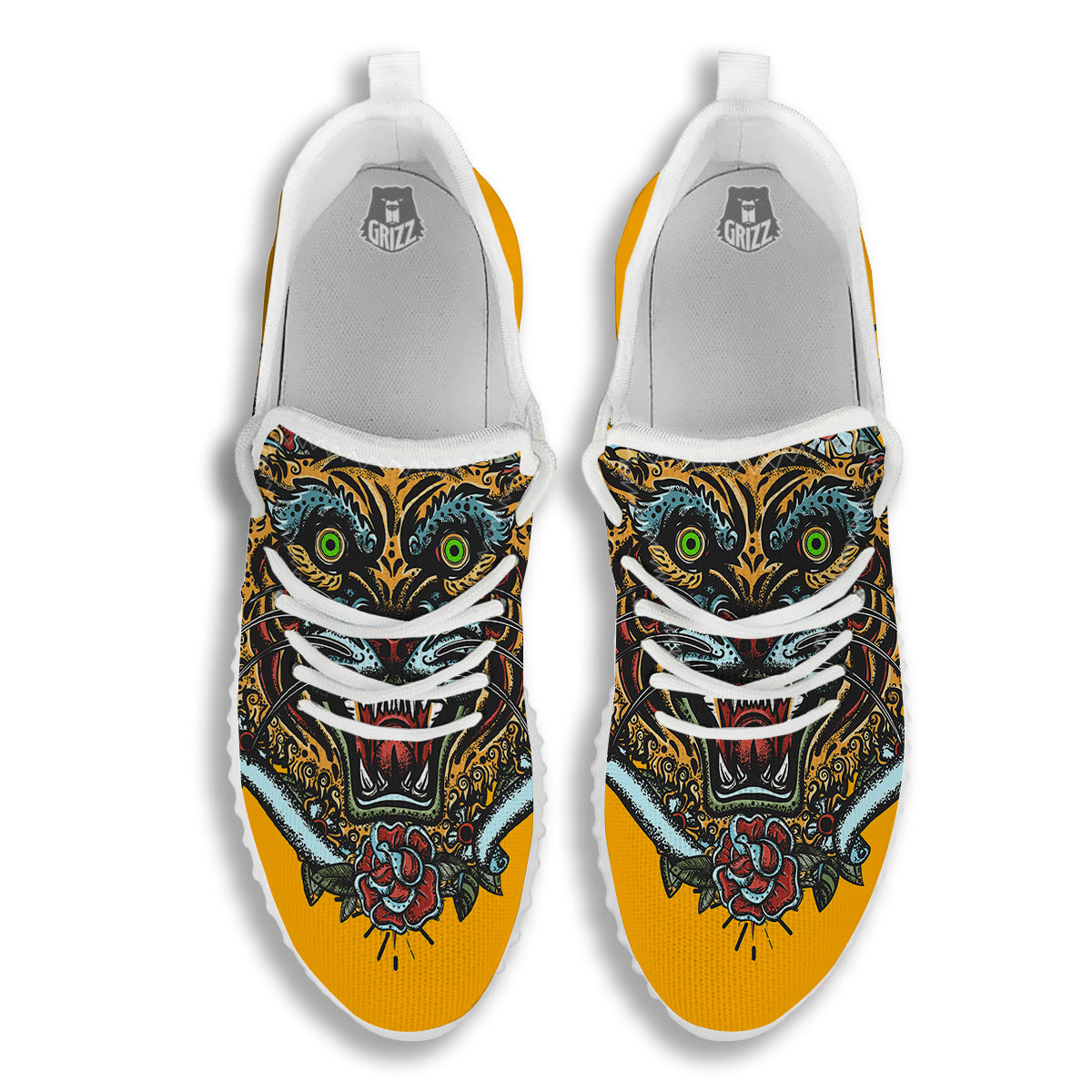 Tiger Head Tattoo Print White Walking Shoes-grizzshop