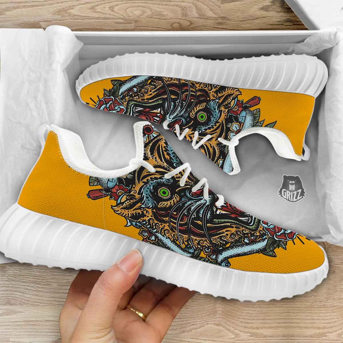 Tiger Head Tattoo Print White Walking Shoes-grizzshop