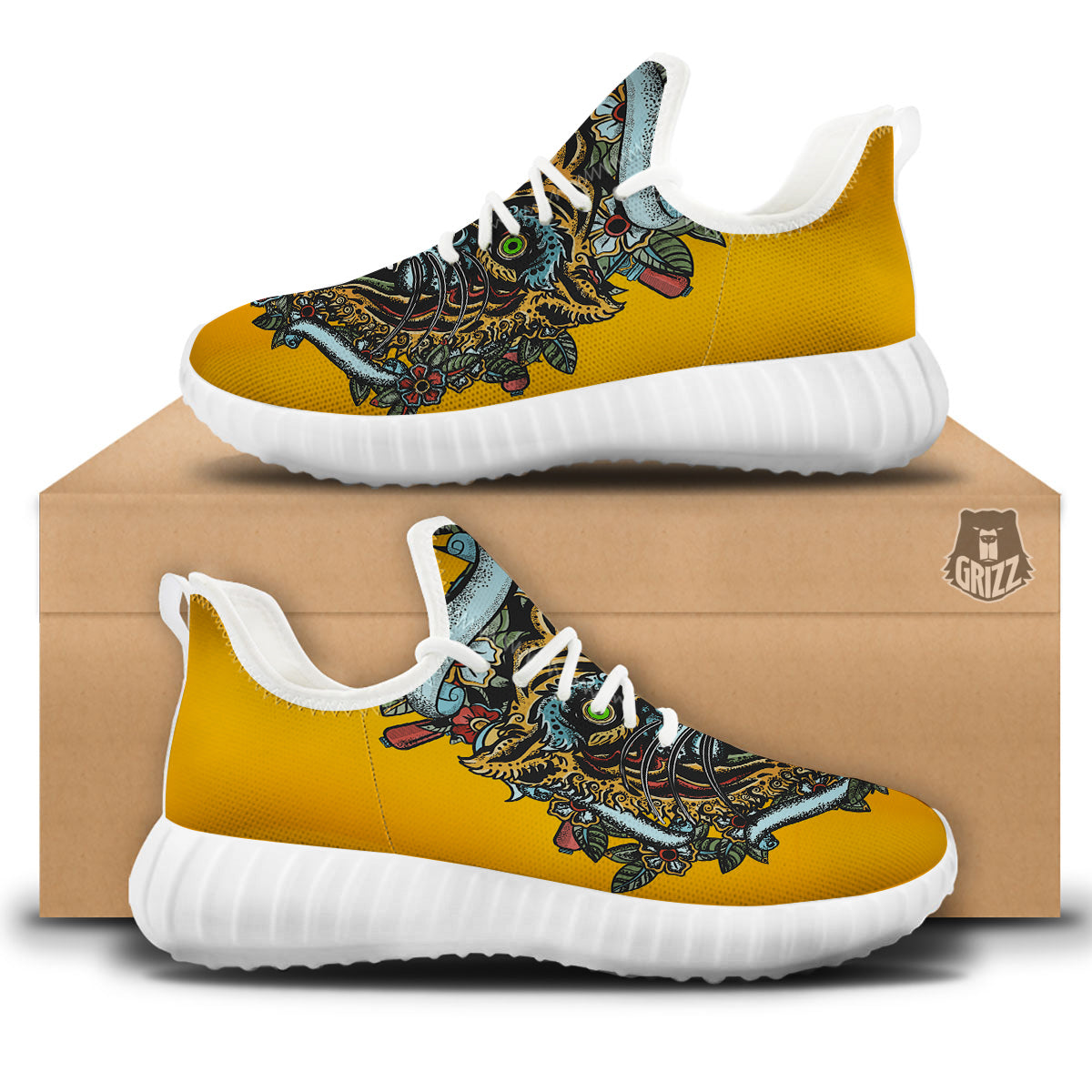 Tiger Head Tattoo Print White Walking Shoes-grizzshop