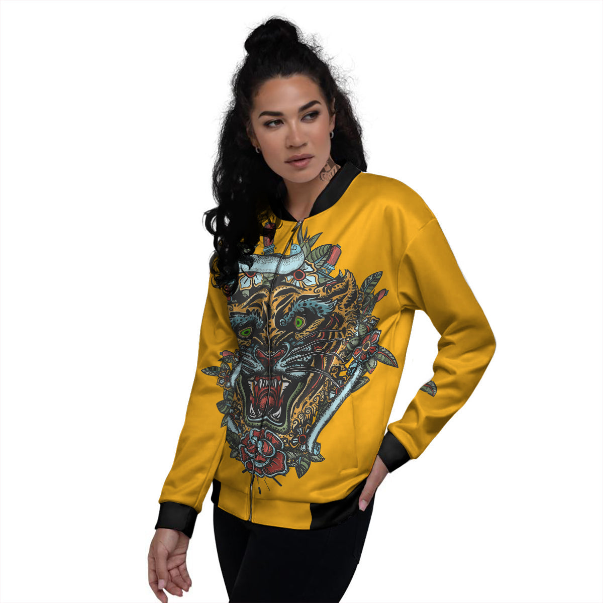 Tiger Head Tattoo Print Women's Bomber Jacket-grizzshop