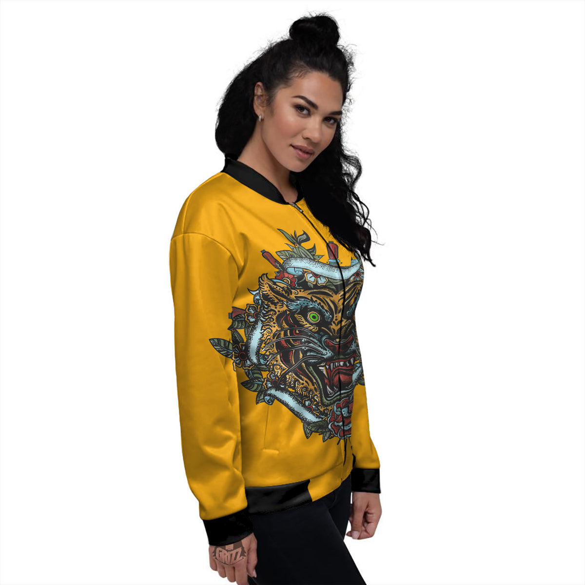 Tiger Head Tattoo Print Women's Bomber Jacket-grizzshop