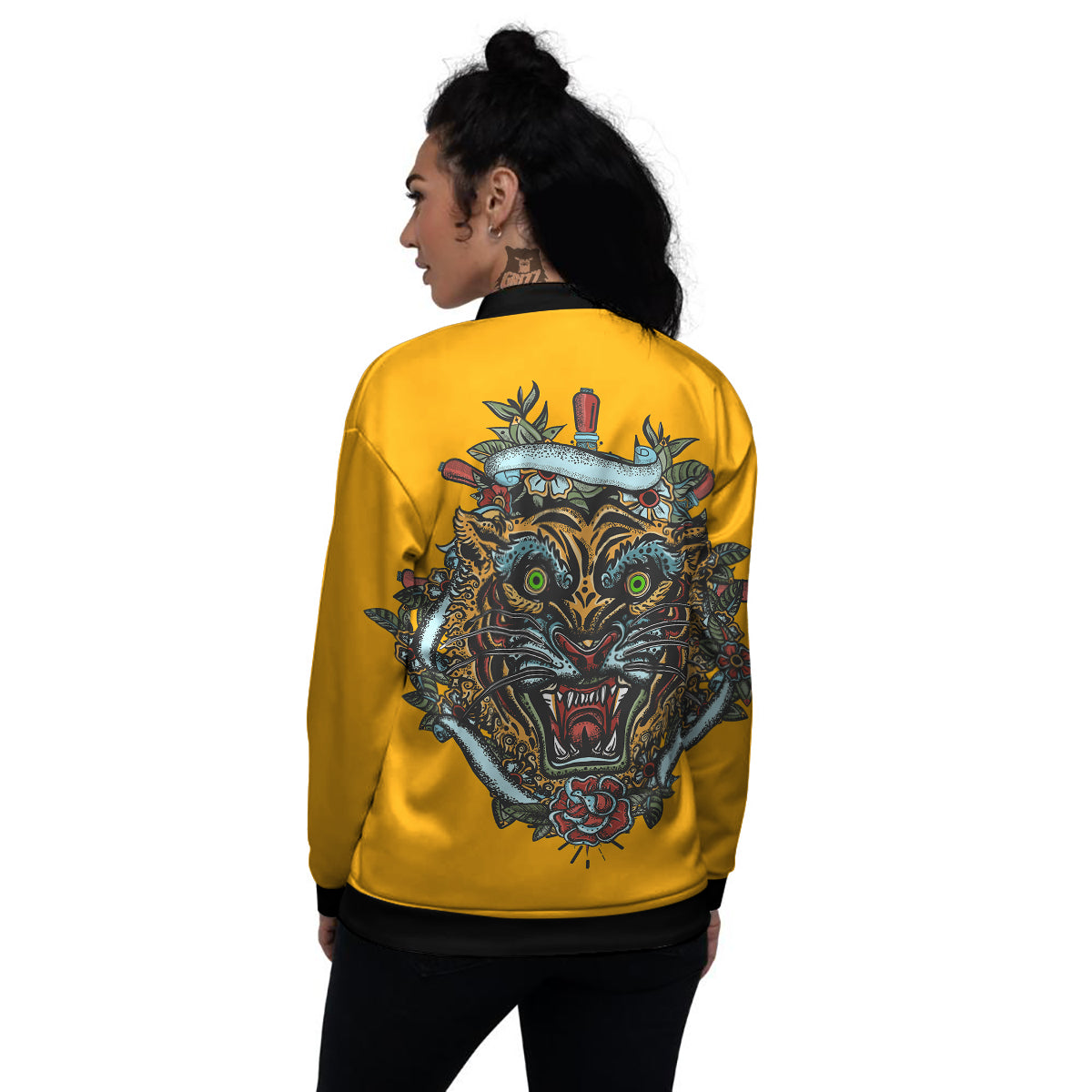 Tiger Head Tattoo Print Women's Bomber Jacket-grizzshop