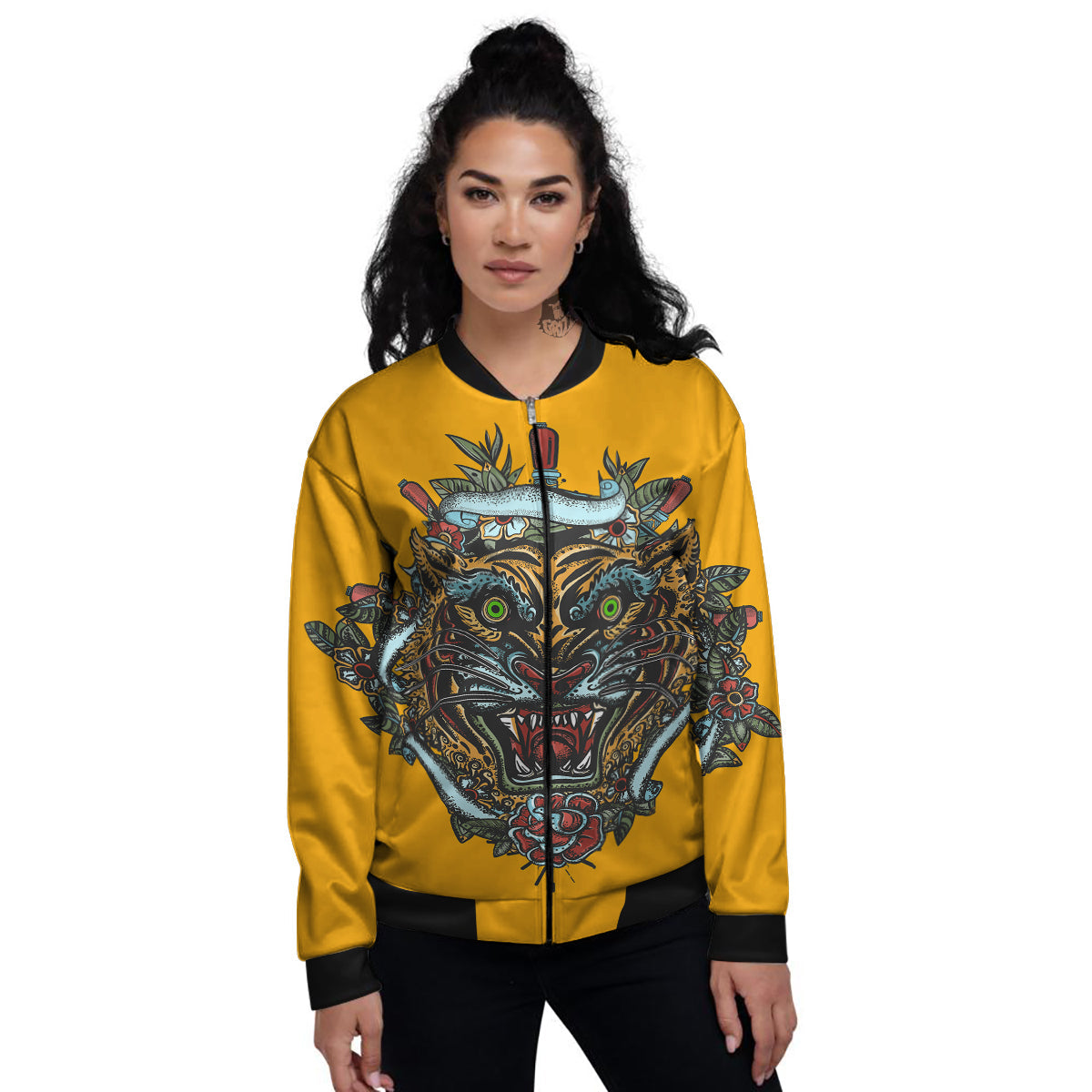 Tiger Head Tattoo Print Women's Bomber Jacket-grizzshop