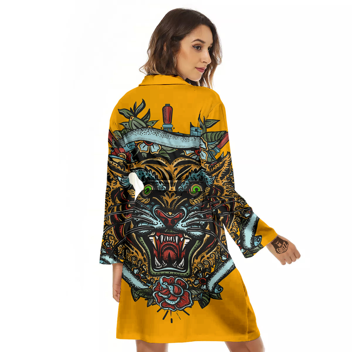 Tiger Head Tattoo Print Women's Robe-grizzshop