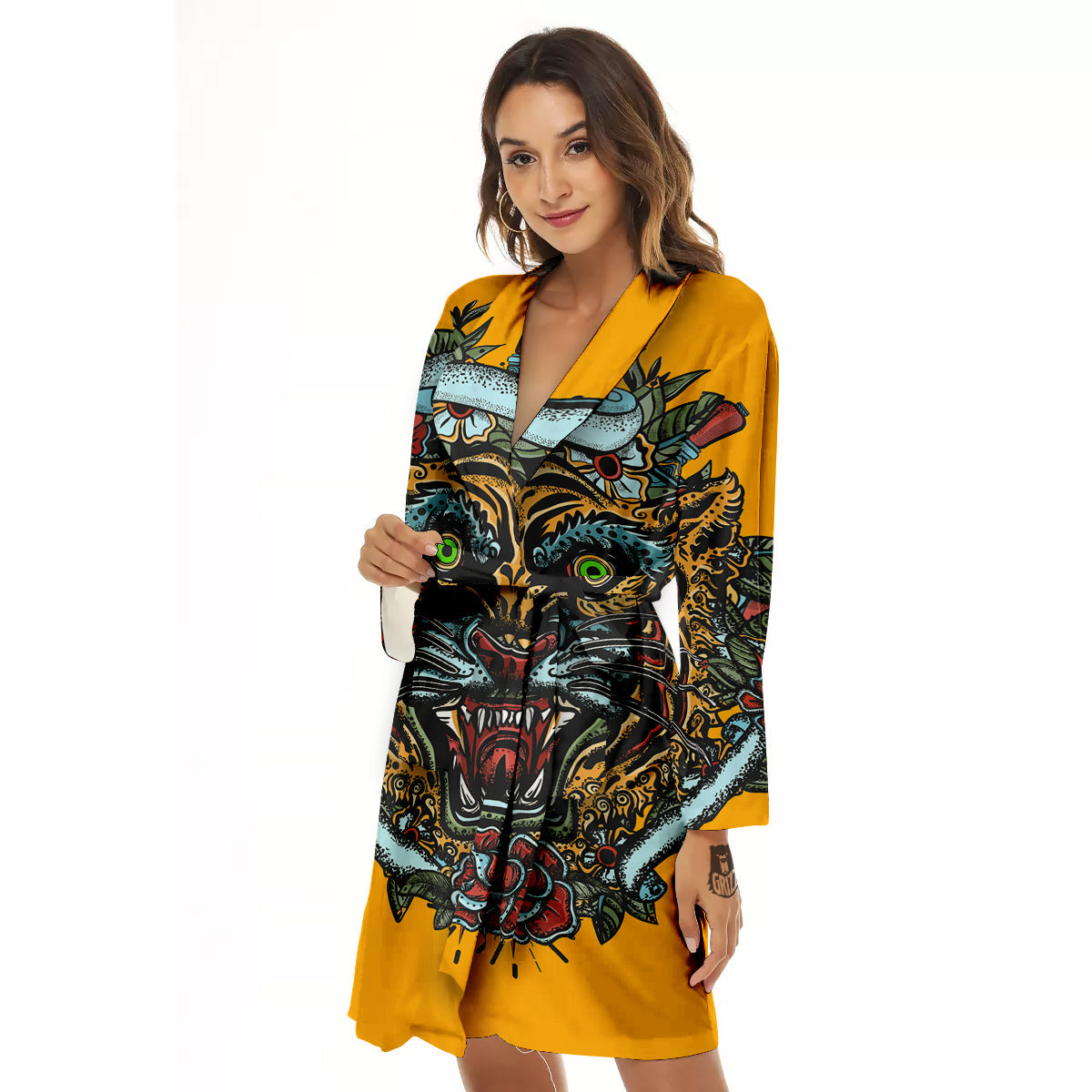 Tiger Head Tattoo Print Women's Robe-grizzshop