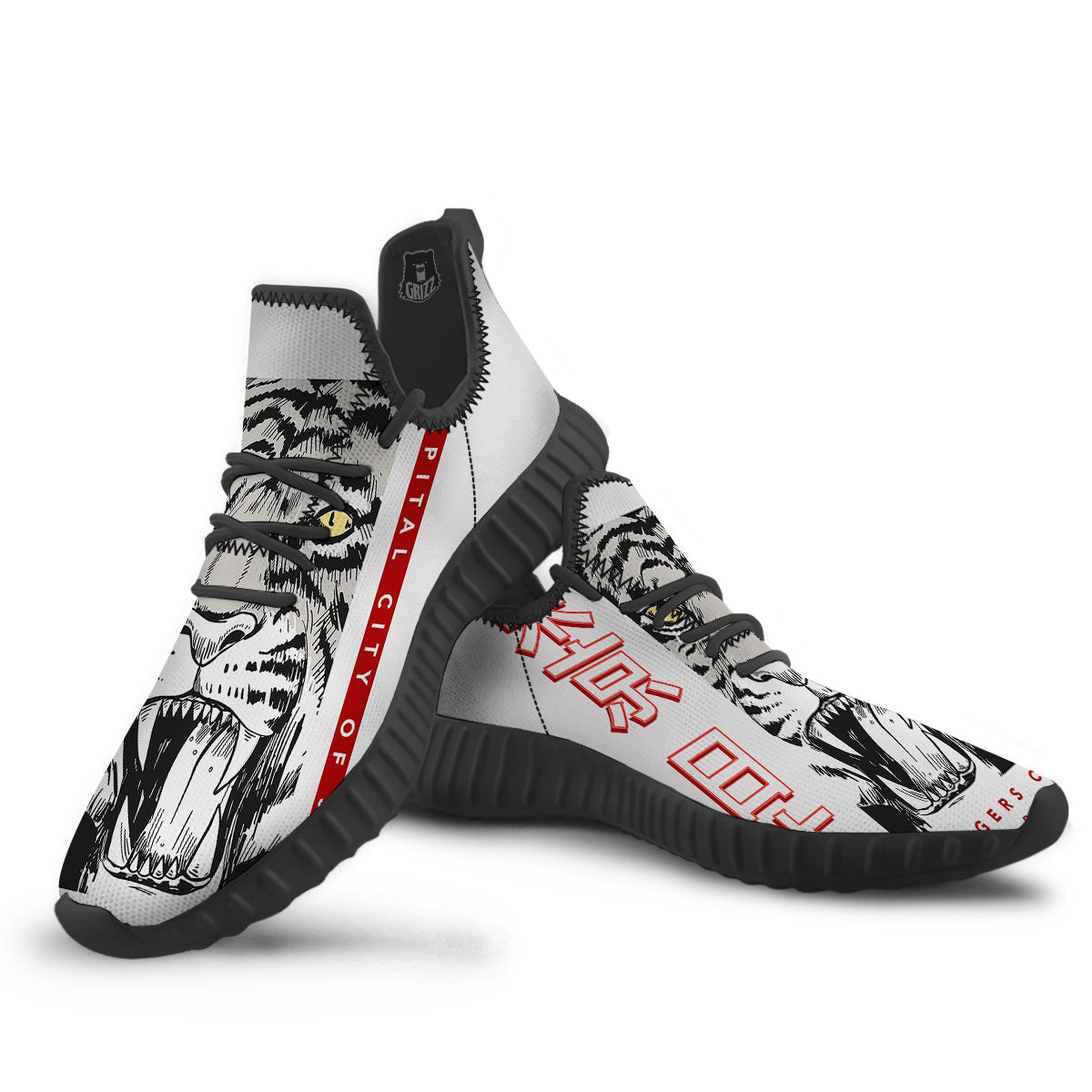 Tiger Japanese Style Print Black Walking Shoes-grizzshop