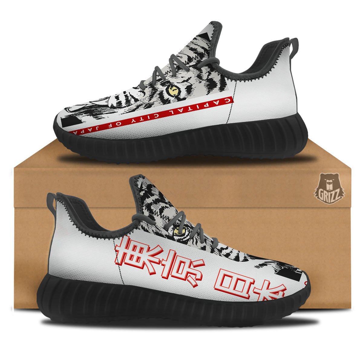 Tiger Japanese Style Print Black Walking Shoes-grizzshop