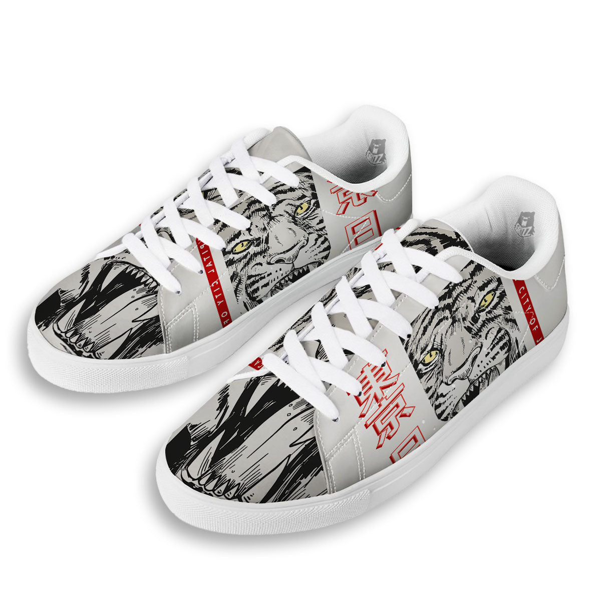 Tiger Japanese Style Print White Low Top Sneakers-grizzshop