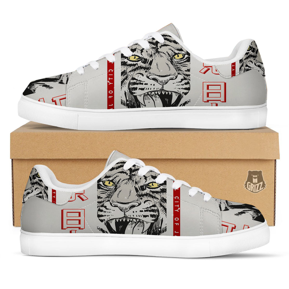 Tiger Japanese Style Print White Low Top Sneakers-grizzshop