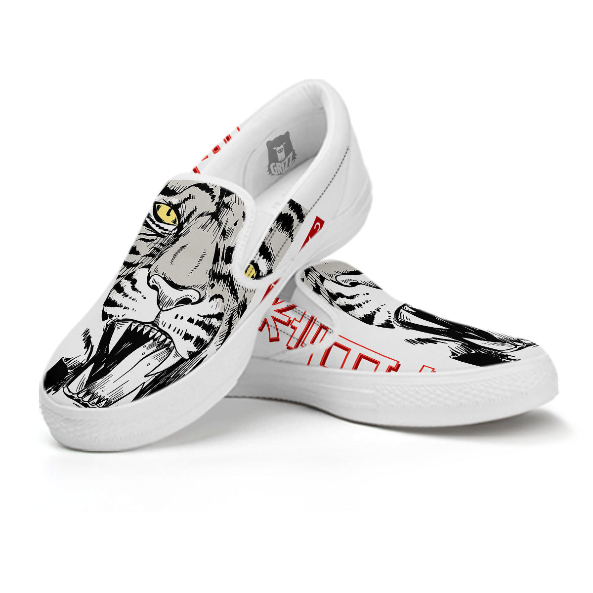 Tiger Japanese Style Print White Slip On Shoes-grizzshop