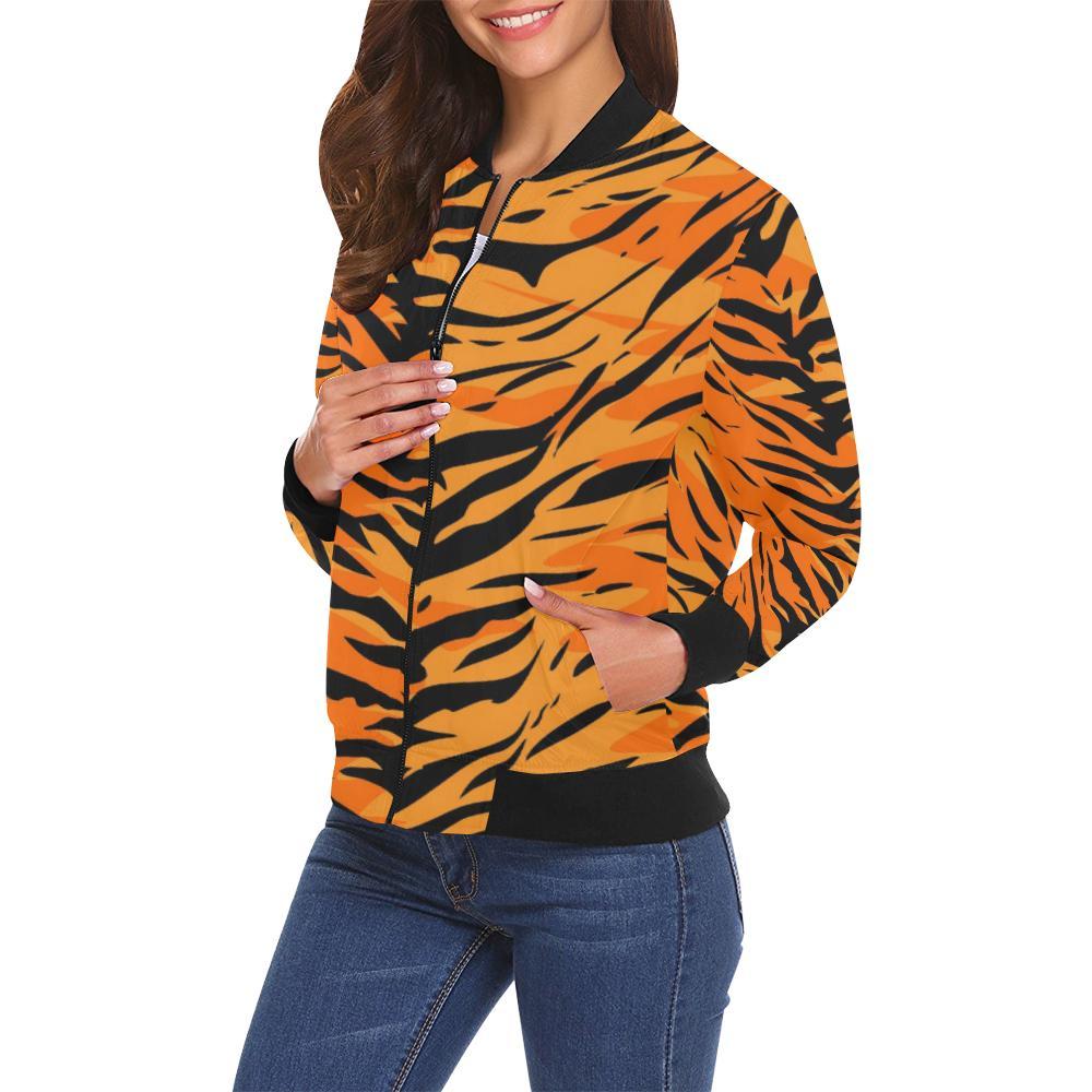 Tiger Pattern Print Women Casual Bomber Jacket-grizzshop