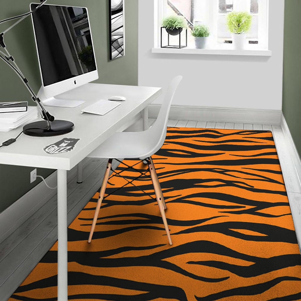 Tiger Stripe Black And Orange Print Floor Mat-grizzshop