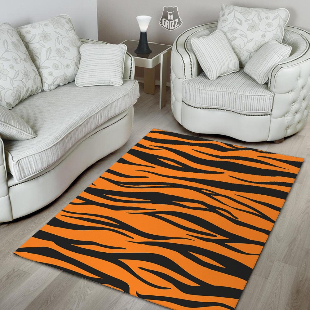 Tiger Stripe Black And Orange Print Floor Mat-grizzshop