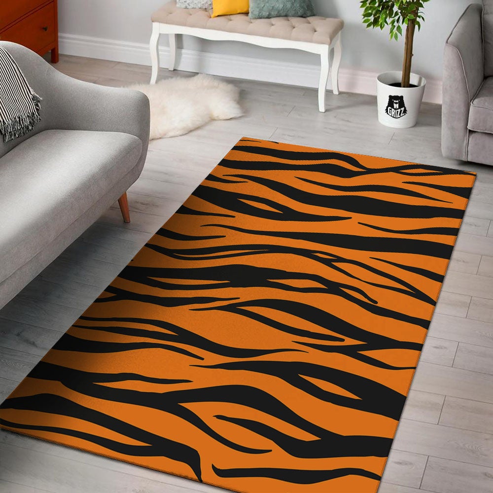 Tiger Stripe Black And Orange Print Floor Mat-grizzshop