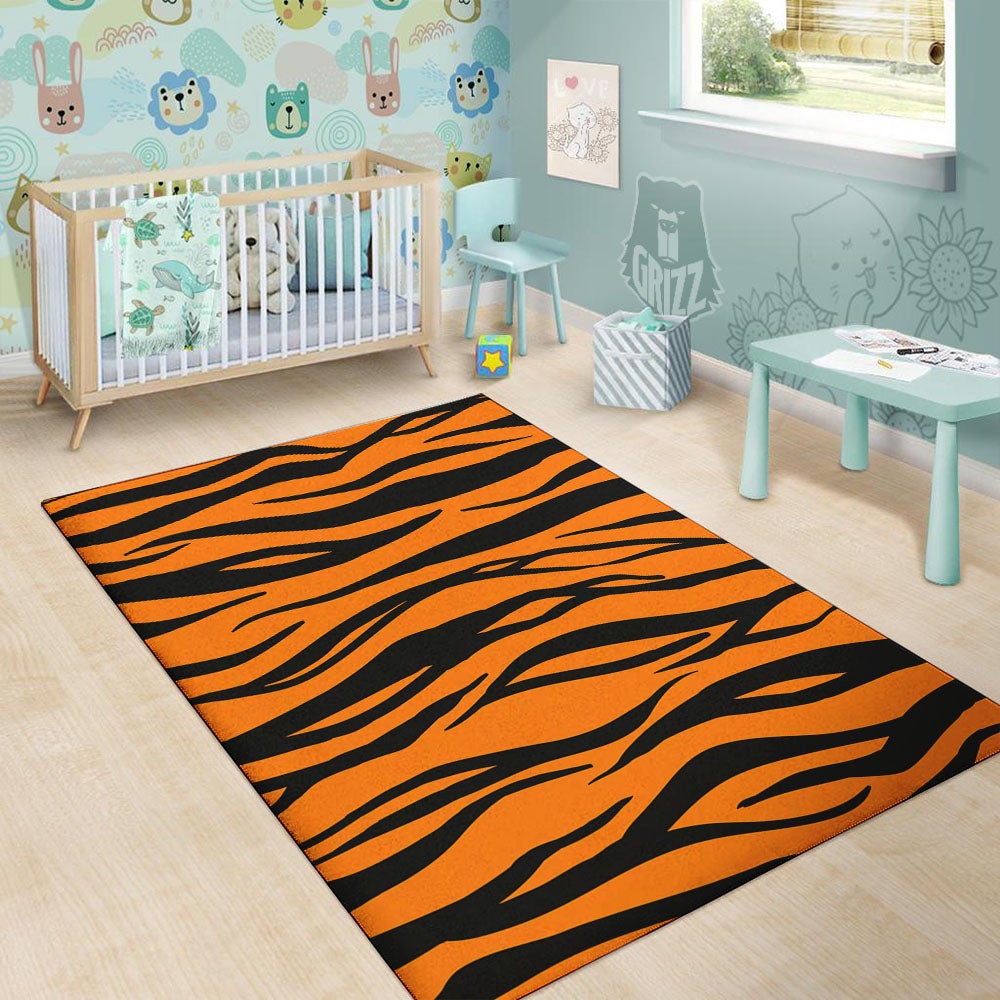 Tiger Stripe Black And Orange Print Floor Mat-grizzshop