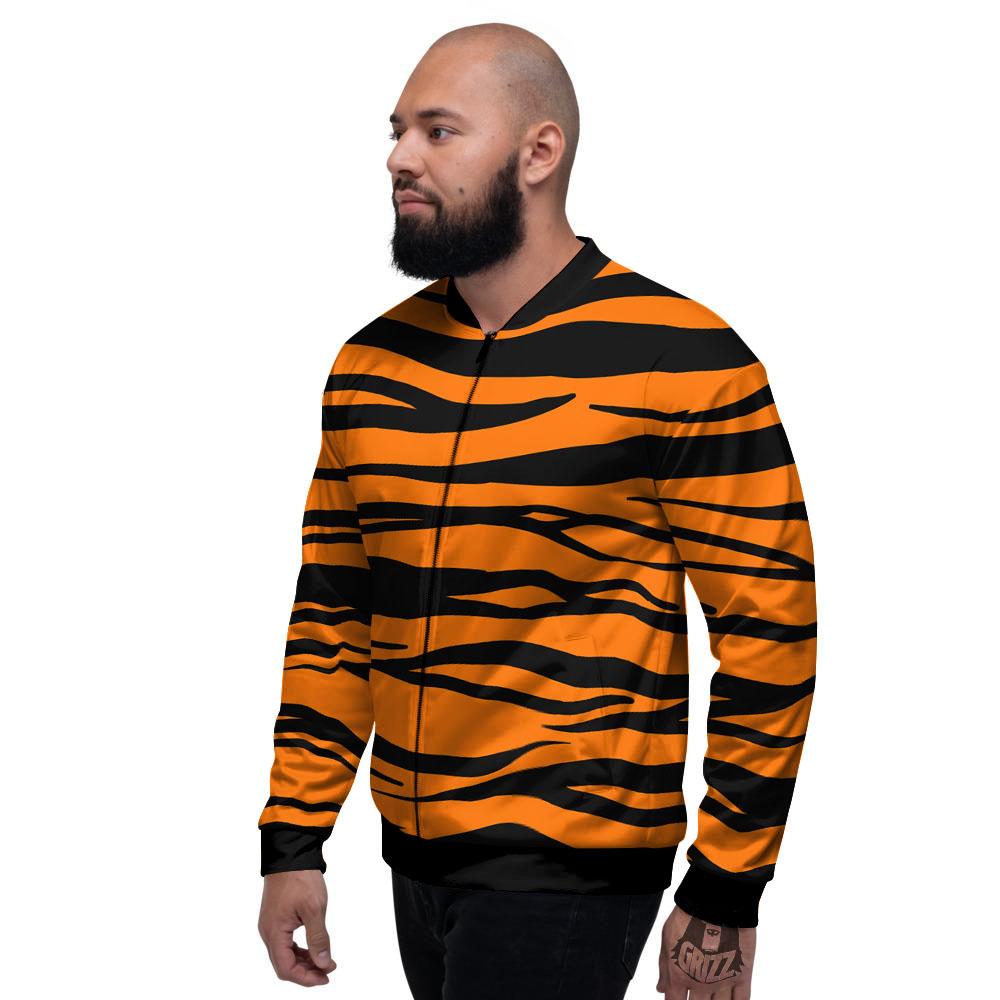 Tiger Stripe Black And Orange Print Men's Bomber Jacket-grizzshop