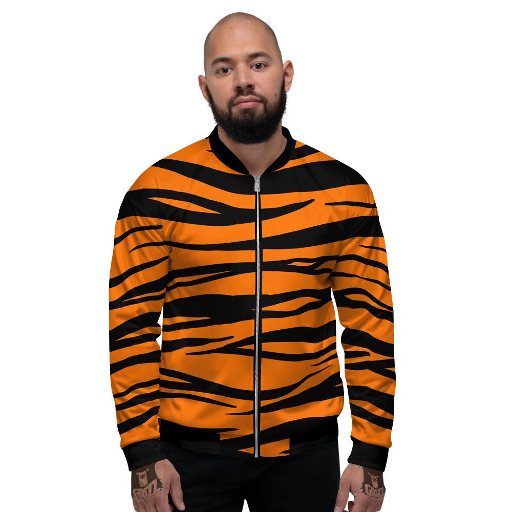Tiger Stripe Black And Orange Print Men's Bomber Jacket-grizzshop