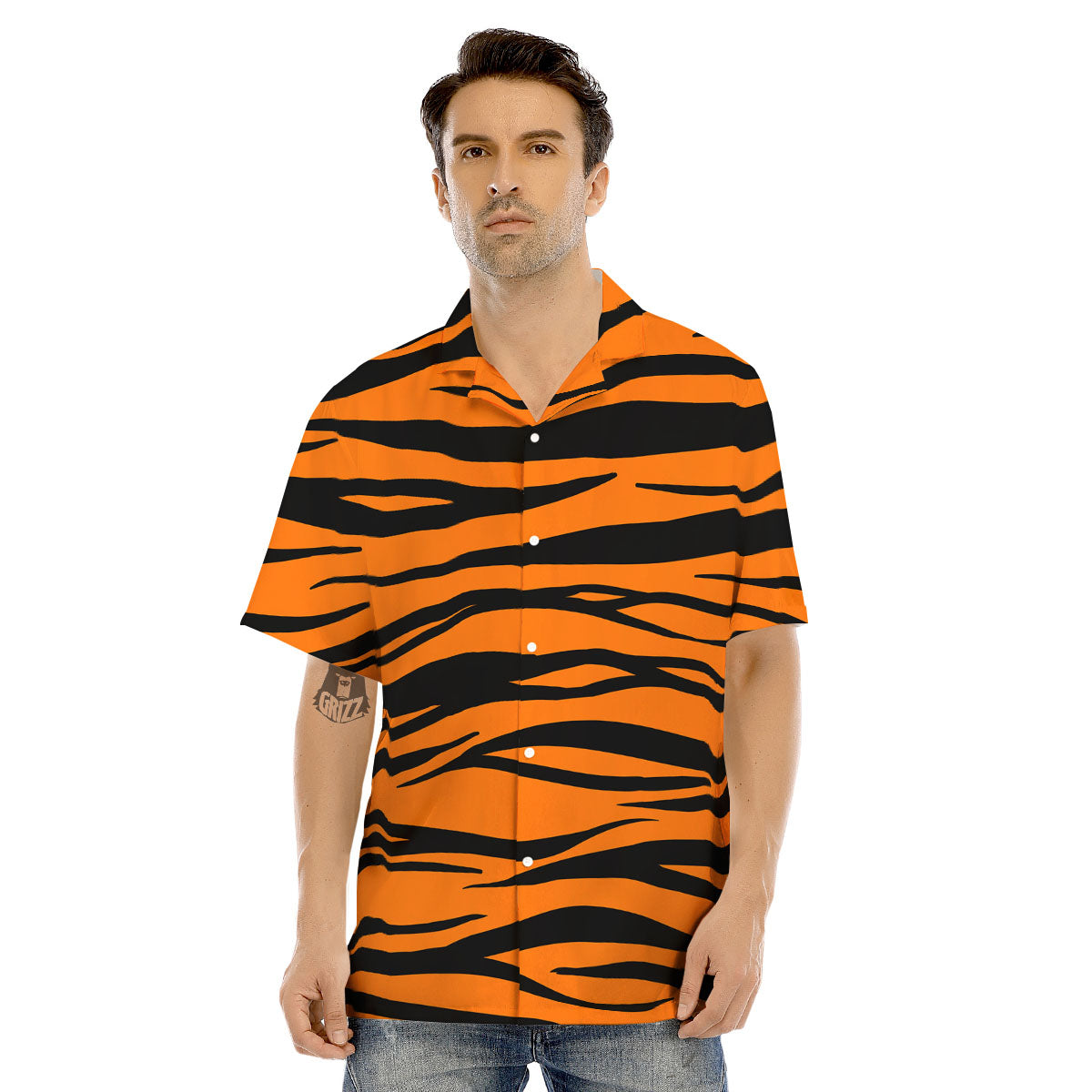 Tiger Stripe Black And Orange Print Men's Hawaiian Shirt-grizzshop