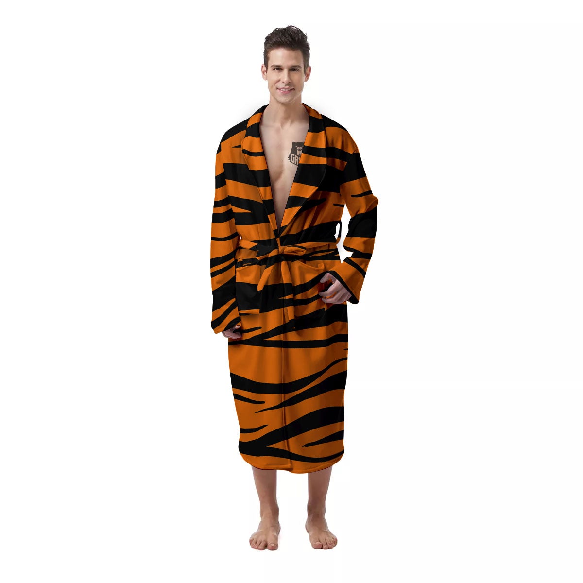 Tiger Stripe Black And Orange Print Men's Robe-grizzshop