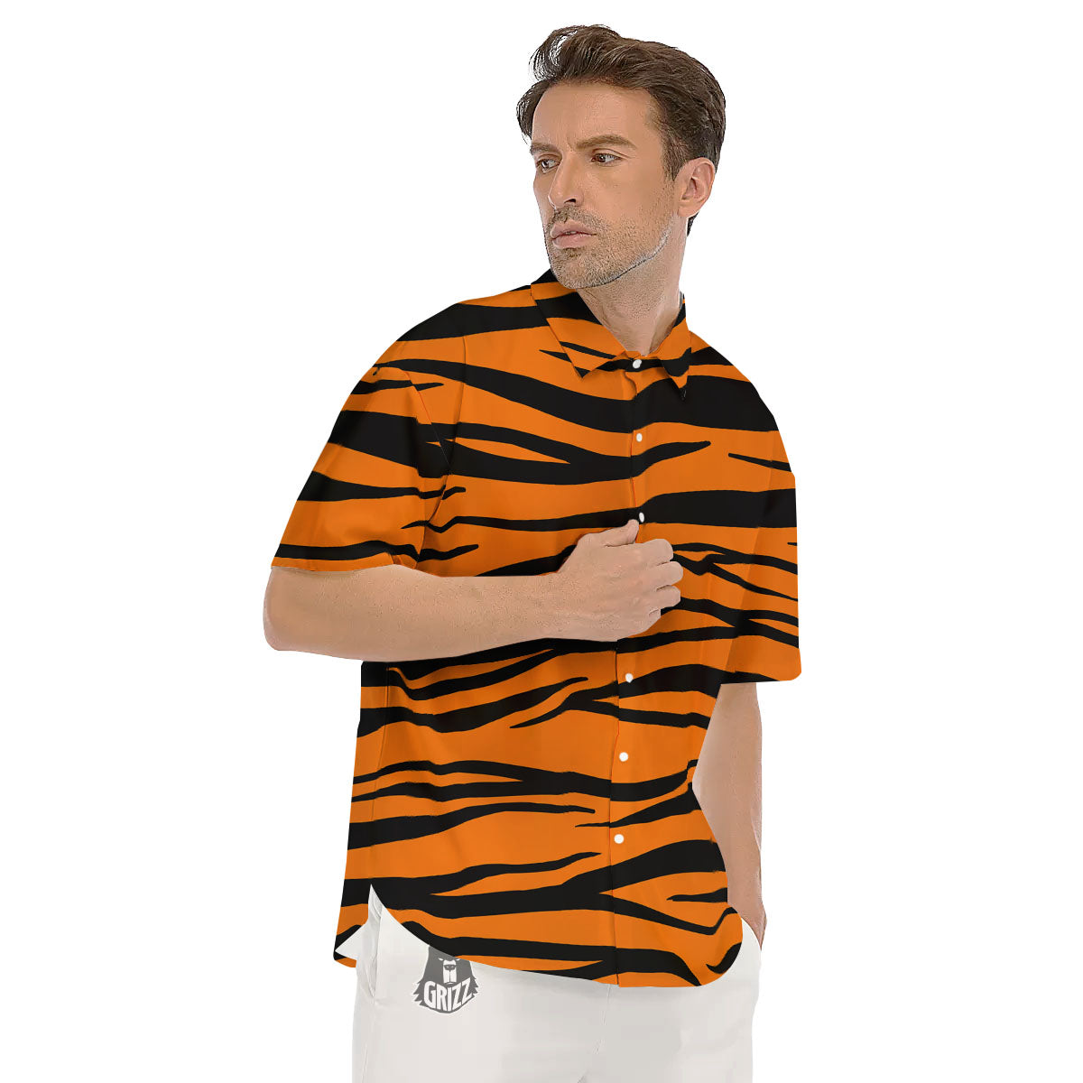 Tiger Stripe Black And Orange Print Men's Short Sleeve Shirts-grizzshop