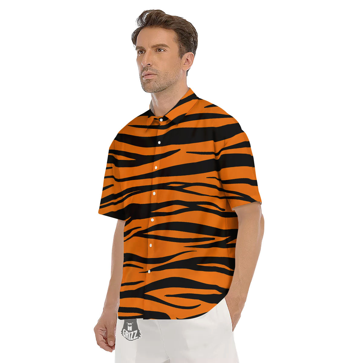 Tiger Stripe Black And Orange Print Men's Short Sleeve Shirts-grizzshop