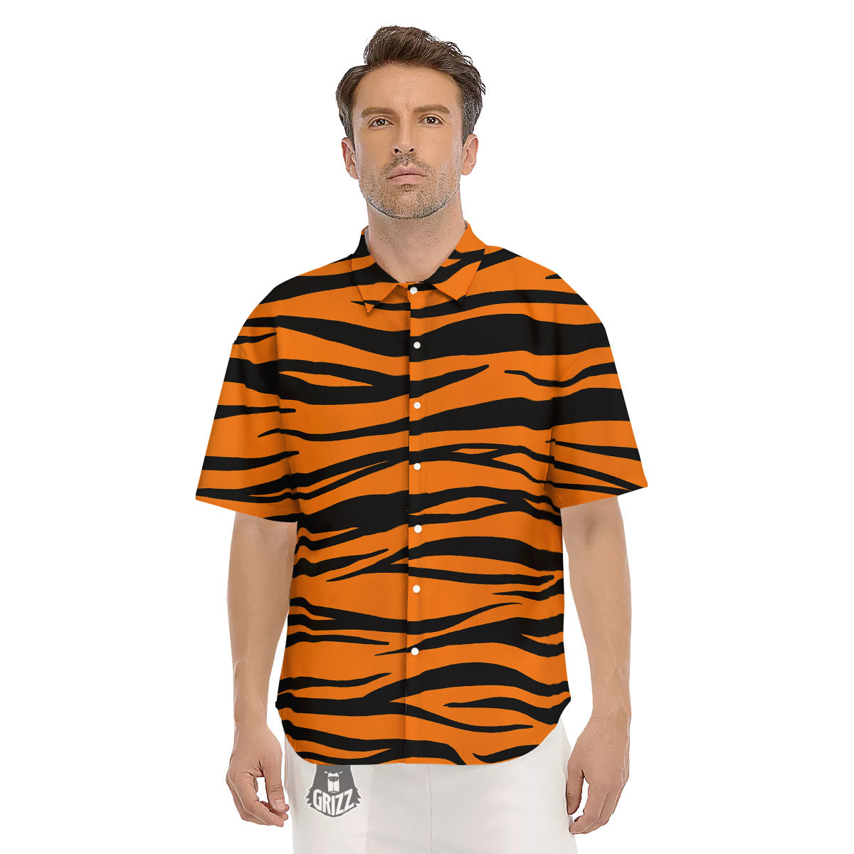 Tiger Stripe Black And Orange Print Men's Short Sleeve Shirts-grizzshop