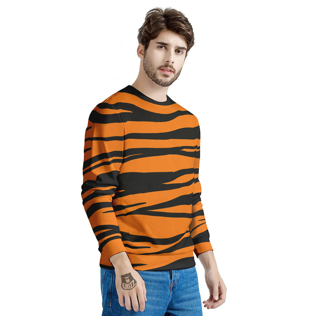 Tiger Stripe Black And Orange Print Men's Sweatshirt-grizzshop