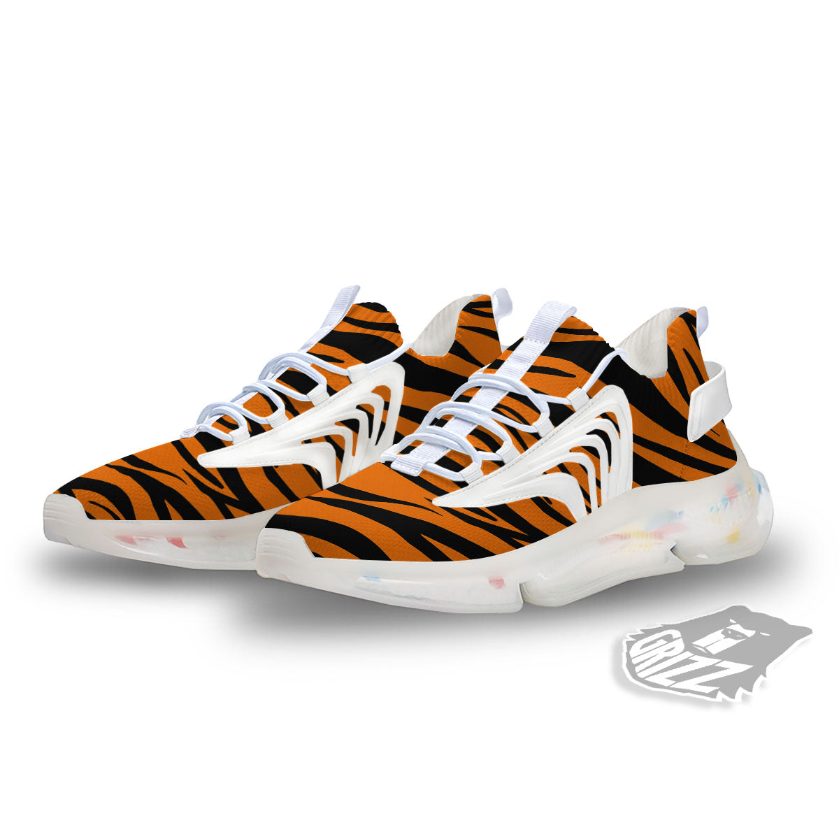 Tiger Stripe Black And Orange Print White Gym Shoes-grizzshop