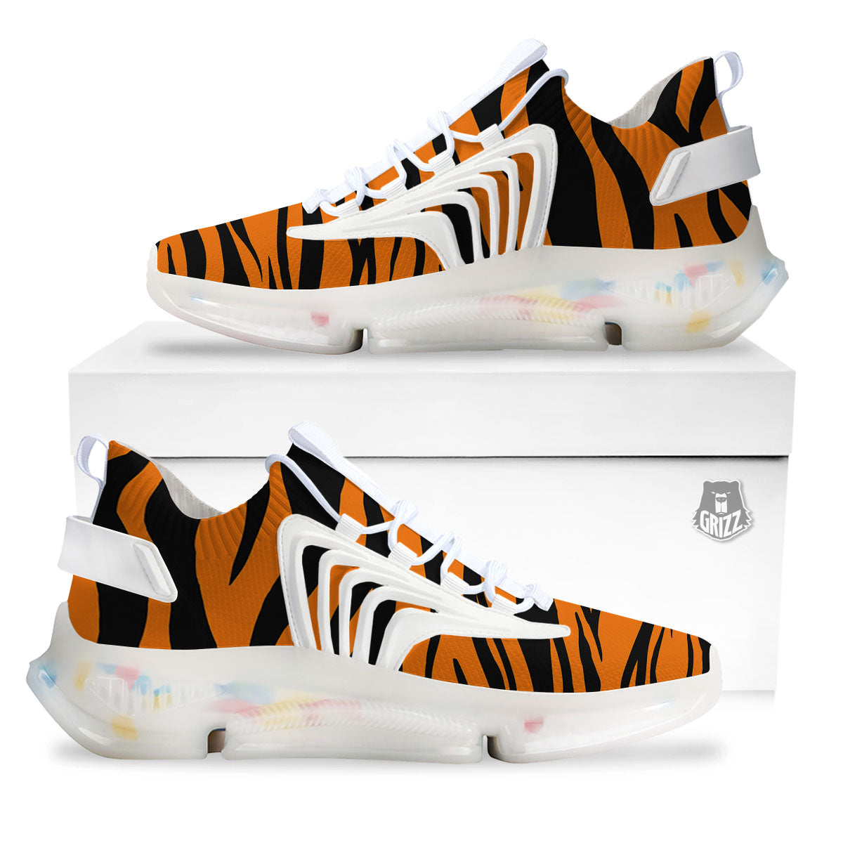 Tiger Stripe Black And Orange Print White Gym Shoes-grizzshop