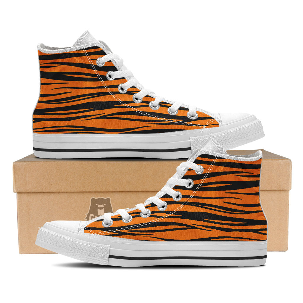 Tiger Stripe Black And Orange Print White High Top Shoes-grizzshop