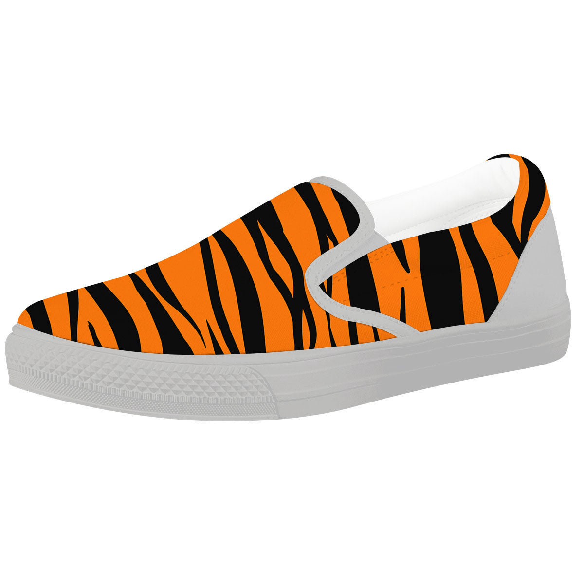 Tiger Stripe Black And Orange Print White Slip On Shoes-grizzshop