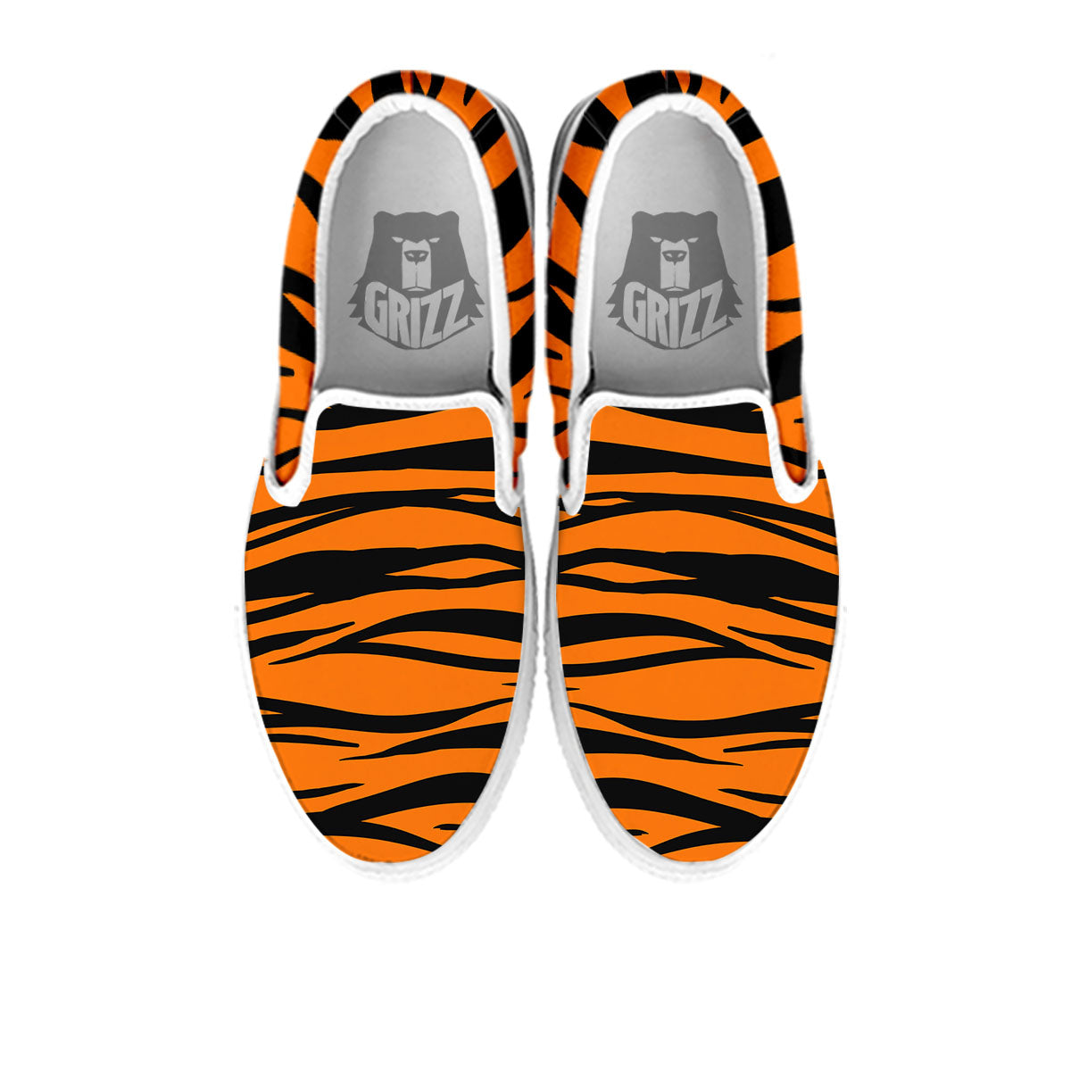 Tiger Stripe Black And Orange Print White Slip On Shoes-grizzshop
