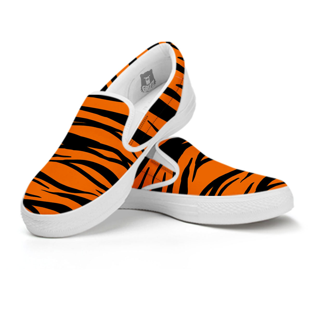 Tiger Stripe Black And Orange Print White Slip On Shoes-grizzshop