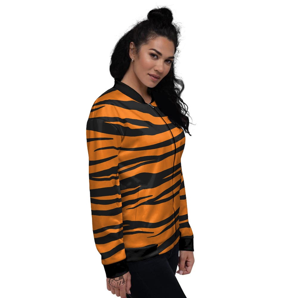 Tiger Stripe Black And Orange Print Women's Bomber Jacket-grizzshop