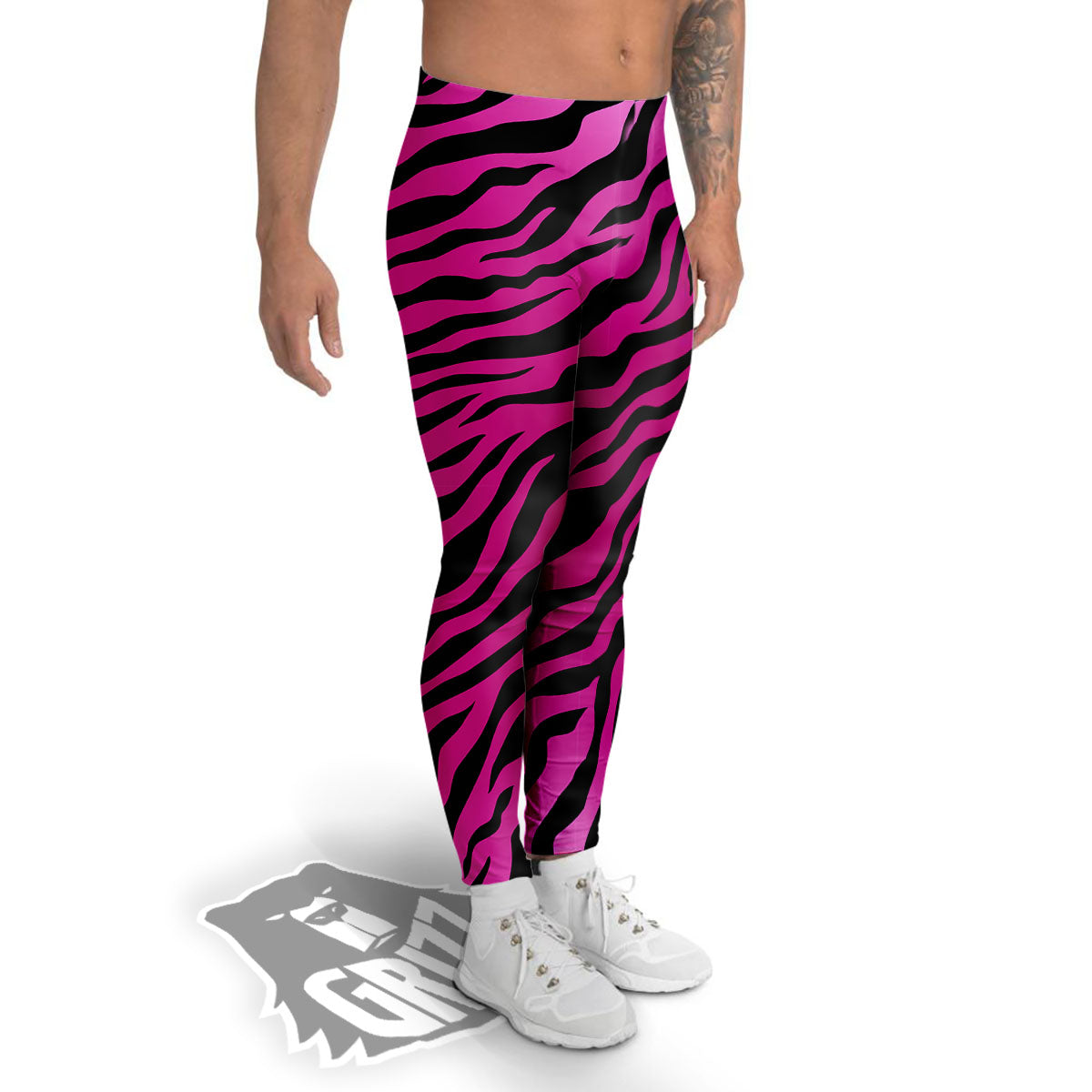 Tiger Stripe Black And Pink Print Men's Leggings-grizzshop