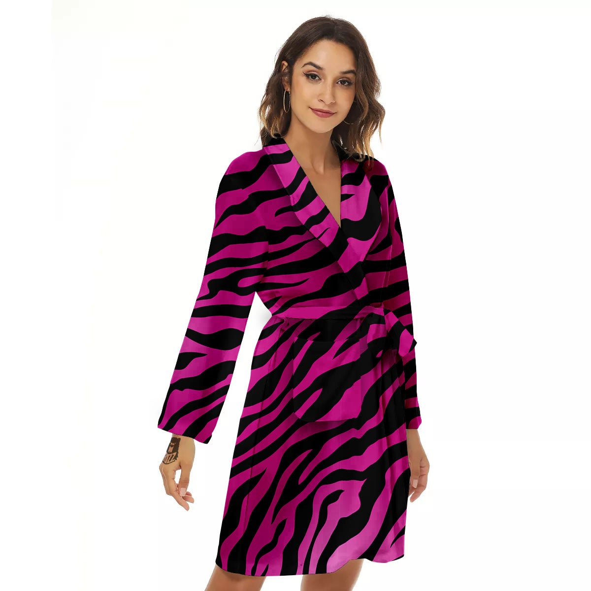 Tiger Stripe Black And Pink Print Women's Robe-grizzshop