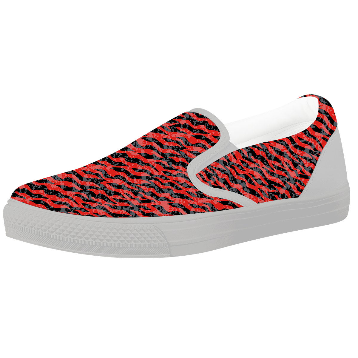 Tiger Stripe Camo Red And Black Print White Slip On Shoes-grizzshop