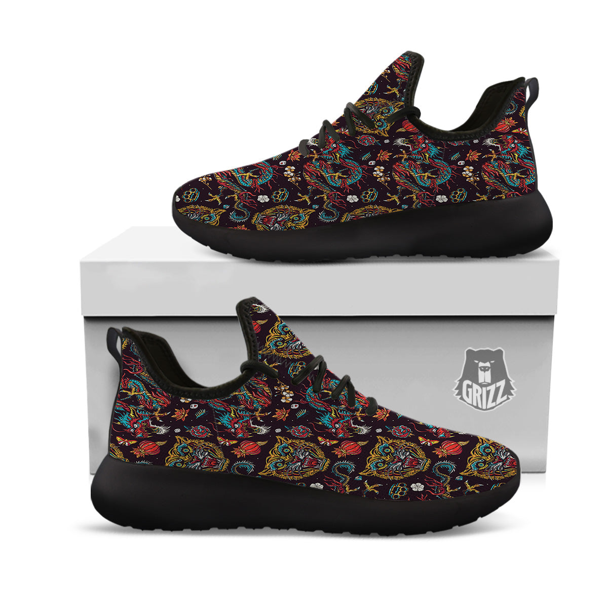 Tigers And Dragons Colorful Tattoo Print Pattern Black Athletic Shoes-grizzshop