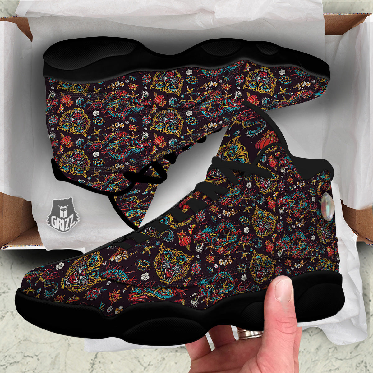 Tigers And Dragons Colorful Tattoo Print Pattern Black Basketball Shoes-grizzshop